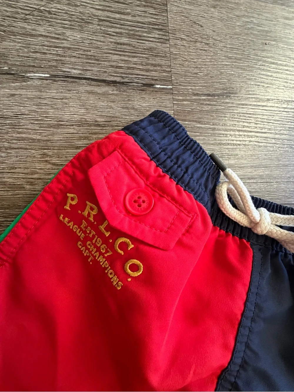 Ralph Lauren Red & Navy Colorblock Swim Shorts with Green 'R' Patch